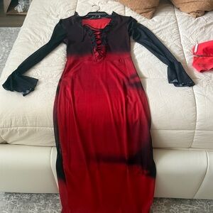 Chic Black and Red Lace-Up Long Sleeve Dress